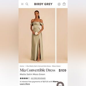 Birdy Grey Mia Convertible Dress Matte Satin Moss Green Size Small Unaltered
